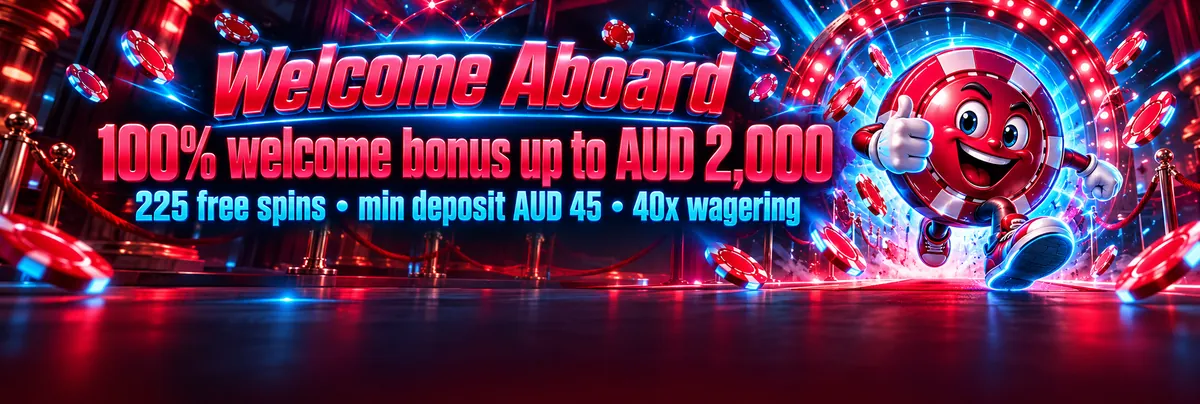 Wide Vincispin welcome bonus banner with a spinning casino-chip mascot, AUD 2,000 offer and free spins in pink and cyan neon styling.