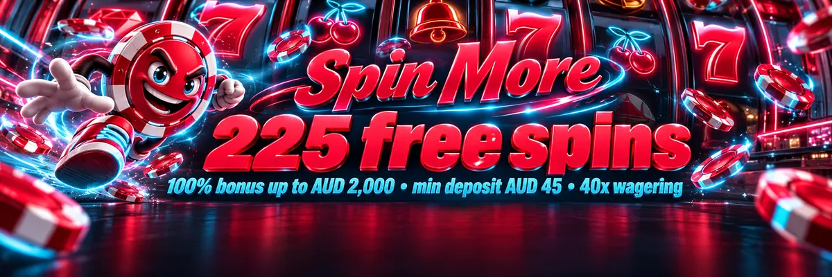 Wide Vincispin free spins banner showing a spinning casino-chip mascot beside vibrant slot reels and a 225 free spins offer.